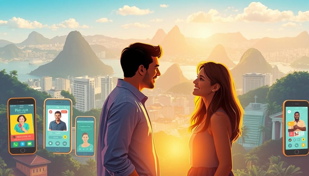A vibrant digital landscape depicting online dating in Brazil. In the foreground, two people meet and converse, their expressions warm and inviting. The middle ground showcases various smartphone screens displaying dating app interfaces, their colors and designs reflecting the modern aesthetic. In the background, a stylized cityscape of Rio de Janeiro emerges, its iconic landmarks and architecture blending seamlessly with the technological elements. The scene is bathed in a soft, golden light, conveying a sense of connection, optimism, and the embrace of modern romance. The overall mood is one of excitement, possibility, and the convergence of traditional and digital realms.